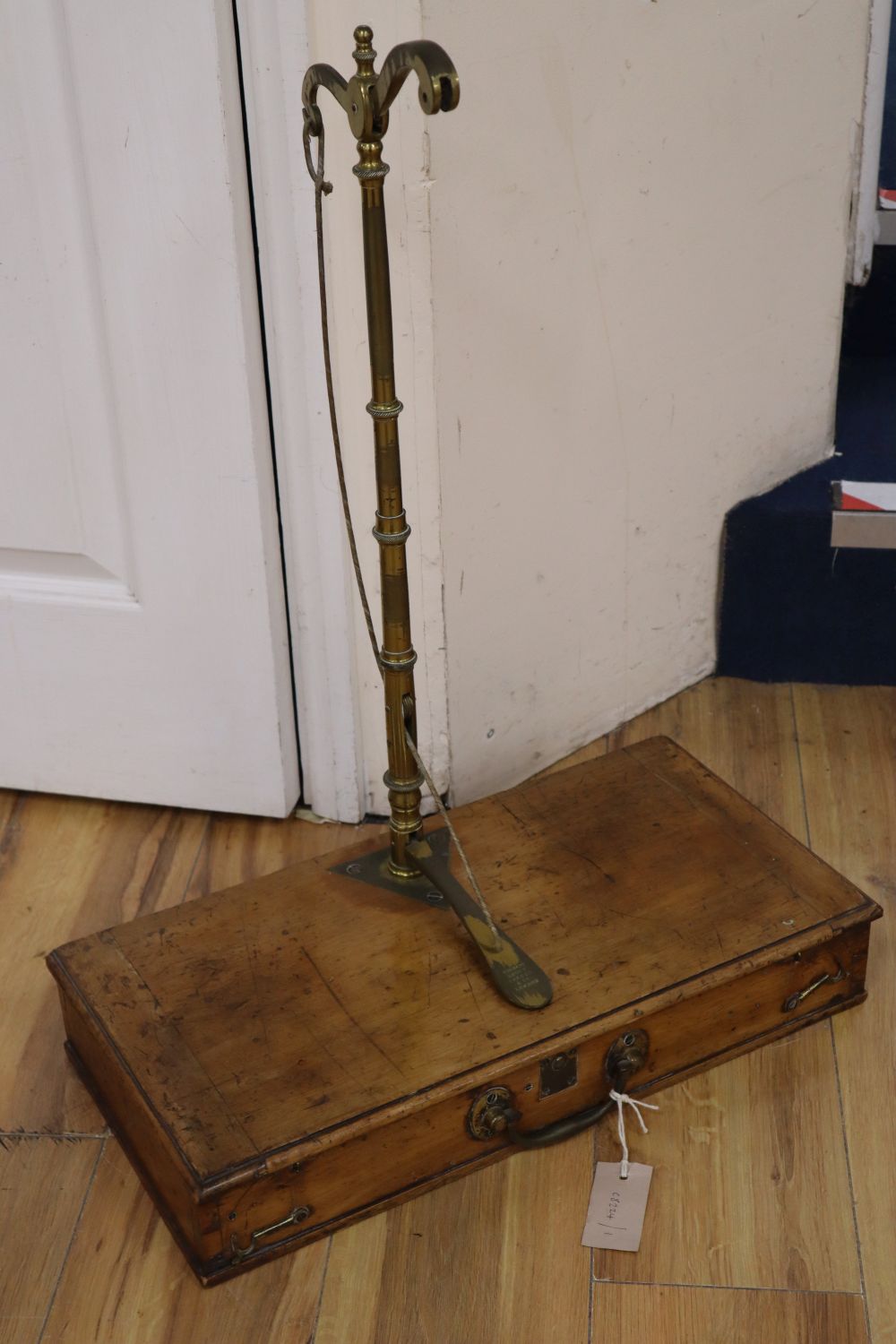 A set of Victorian mahogany cased brass scales by De Crave, Short Fanner & Co, width 50cm height 70cm
